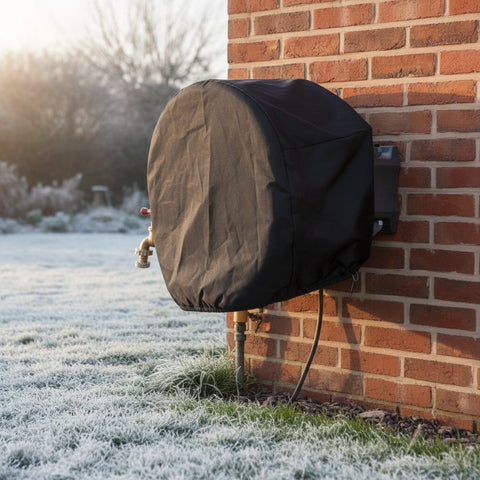 Slangboxhuven över slangboxen på en tegelvägg en frostig morgon (AI-illustration)