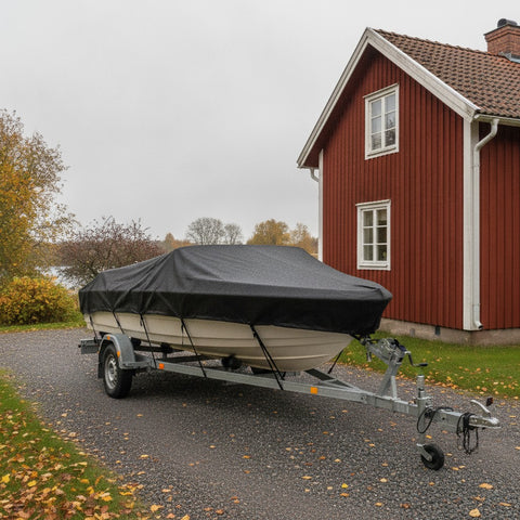 Båthuven på en motorbåt på trailer på en grusuppfart (AI-illustration)