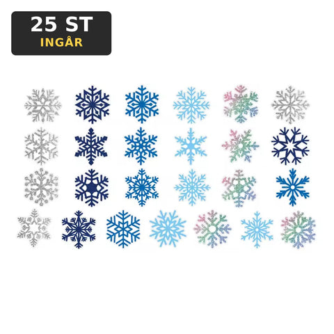 25 snöflingor i vitt, blått och silver utlagda på vit botten