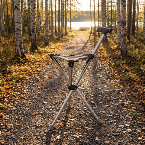 Miljöbild (AI-genererad illustration) – Hopfällbar sittkäpp i aluminium – utfälld som stol och ihopfälld som käpp
