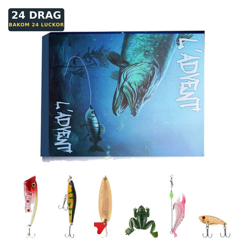 Adventskalender med 24 fiskedrag – kartongen och sex av dragen