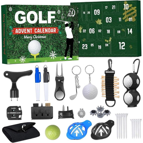 Golf-adventskalender: grön ask med golfspelare på locket, de numrerade luckorna och golftillbehören som ingår