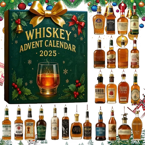 Whiskykalender: grön ask med whiskyglas på locket och tjugofyra dekorativa dekorflaskor runt om